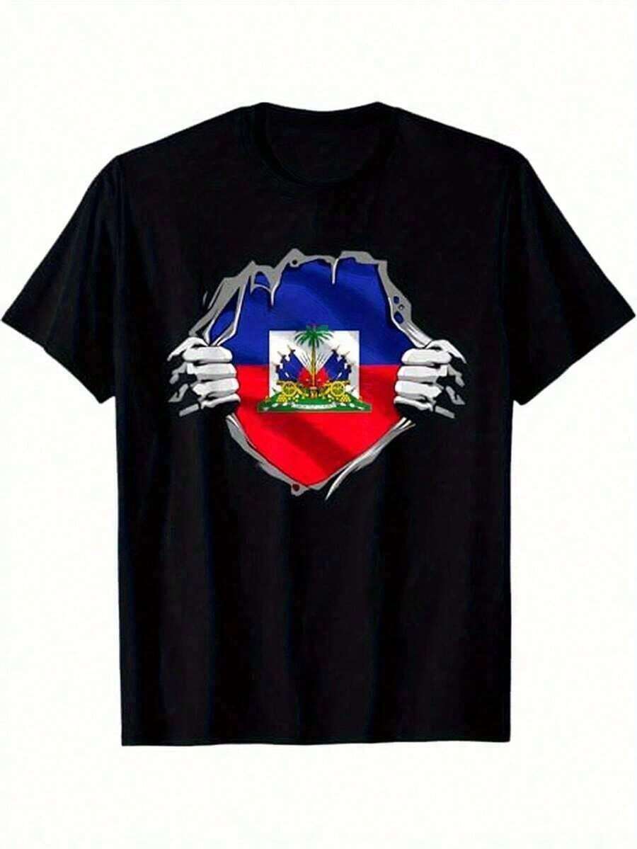 Camisa con Estampado de la Insignia de Haití, 100% Algodón, Estilo Casual, Cuello Redondo, Transpirable, Cómoda, para Uso Diario - Negro - Ver 1