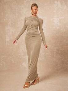 xheLumalex Vestido elegante de manga larga, ajustado y plisado de unicolor para mujerxhe - Caqui - Ver 7