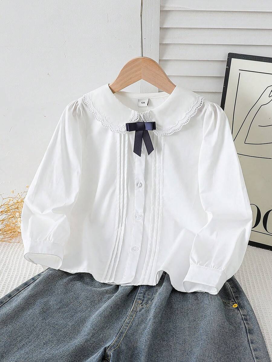Girls' Classic White Long Sleeve Shirt With Turn-Down Collar, Preppy Style, Autumn - White - View 1