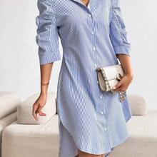 Vestido de camisa casual con pliegues y mangas 3/4 a rayas para mujer, atuendo maxi para primavera/verano - Rosa - Ver 6