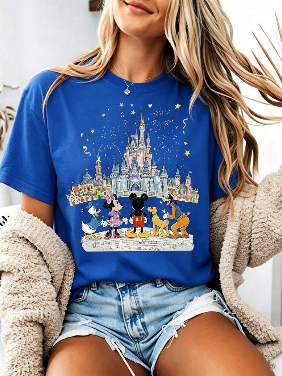 (Loose Version)Disney-Style Women's Printed T-Shirt Featuring Mickey Mouse Watching Fireworks Beneath The Magic Castle In A Cartoon Print Design. This Round-Neck Summer Top Is Crafted From Soft, Comfortable 100% Cotton Fabric, Perfect For Everyday Wear, Outdoor Activities, Or Shopping. It Also Makes An Ideal Choice For Women's Vacation Attire. - Blue - View 1