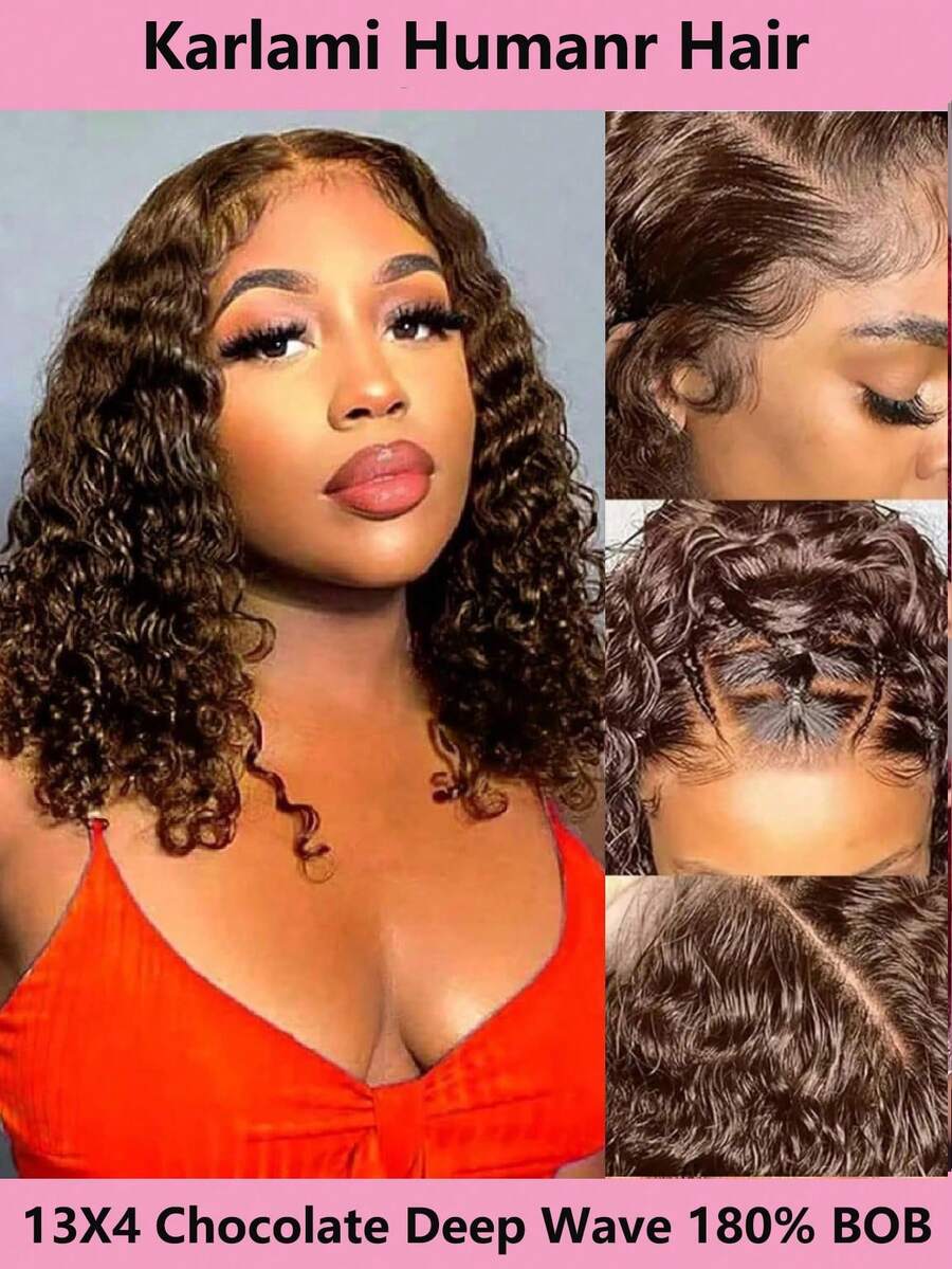 KARLAMI Deep Curly Wig Human Hair 13x4 Wear And Go Glueless Wigs Human Hair Pre Plucked Pre Cut Deep Wave Lace Front Closure Wigs For Women 180 Density Curly Wig Glueless Wear And Go Black 10 12 14 Inch Bob For K Pop, Daily Wear, Parties, Birthdays, Weddings - S4 - View 1