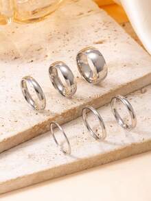 6 piezas Juego de anillos de acero inoxidable lisos para parejas de 1/2/3/4/6/8mm, bandas minimalistas apilables para uso diario, adecuados para parejas, Día de San Valentín, Boda - Plateado - Ver 5