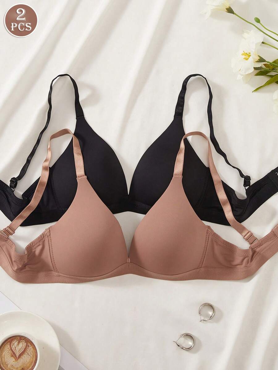 2 Buah Bra Wanita Model V-Neck Nyaman Tanpa Kawat dengan Cup Lembut, Warna Polos - MultiWarna - View 1