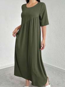 Vestido casual de fiesta con cuello redondo y plisado de unicolor, adecuado para el verano - Verde militar - Ver 5