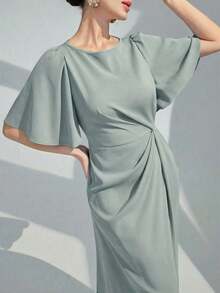 Vestido largo de noche con cuello redondo, volantes y mangas cortas de unicolor para mujer - Verde Gris - Ver 4