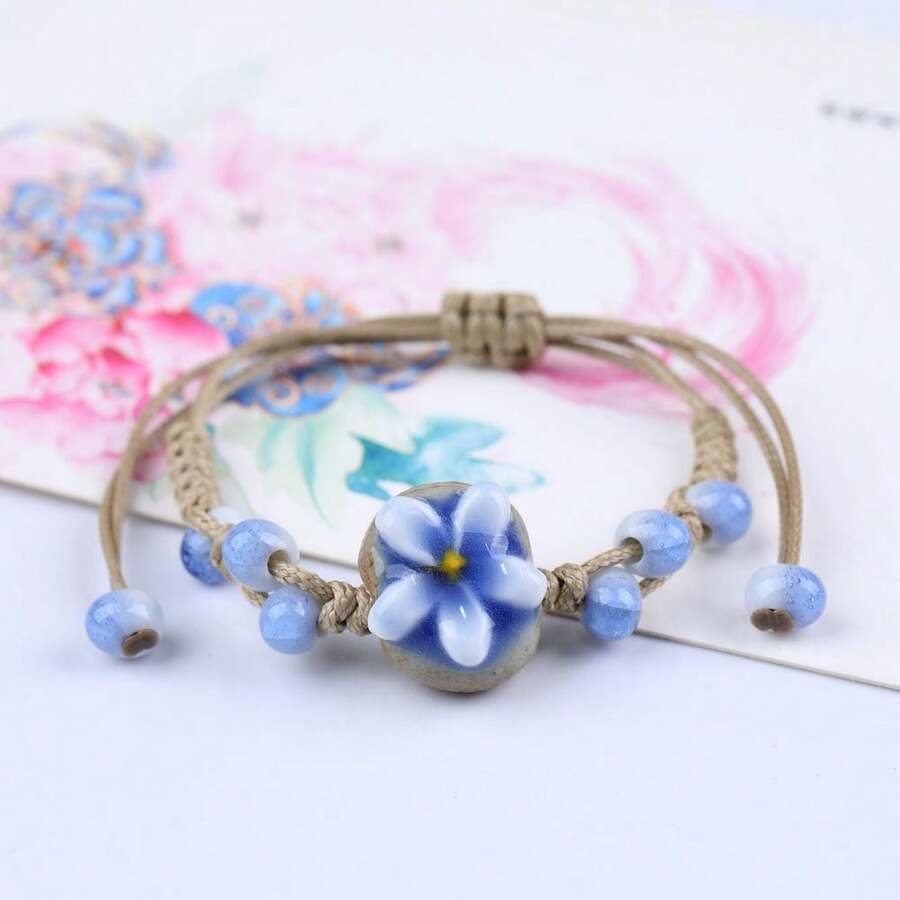 1pc Handmade Ceramic Floral Bracelet, Adjustable Design, Summer Ocean Blue Color - Blue - View 1