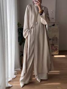 Women's Casual Minimalist Stand Collar Long Sleeve Split Hem Tunic Top And Loose Pants 2-Piece Set, Solid Color, Daily Wear, Spring/Autumn/Winter - Apricot - View 6
