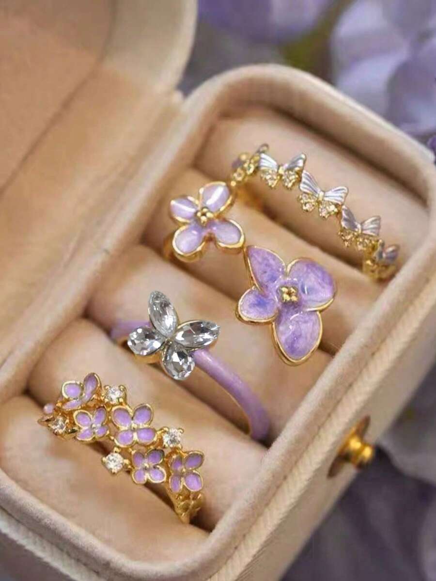 Bộ 4 chiếc nhẫn điều chỉnh được, trang trí bằng đá pha lê, họa tiết hoa và bướm, kiểu dáng thanh lịch và thời trang, đa năng cho đeo hàng ngày, lễ hội, đi làm, dự tiệc. - Bộ nhẫn bốn chiếc - Xem 1