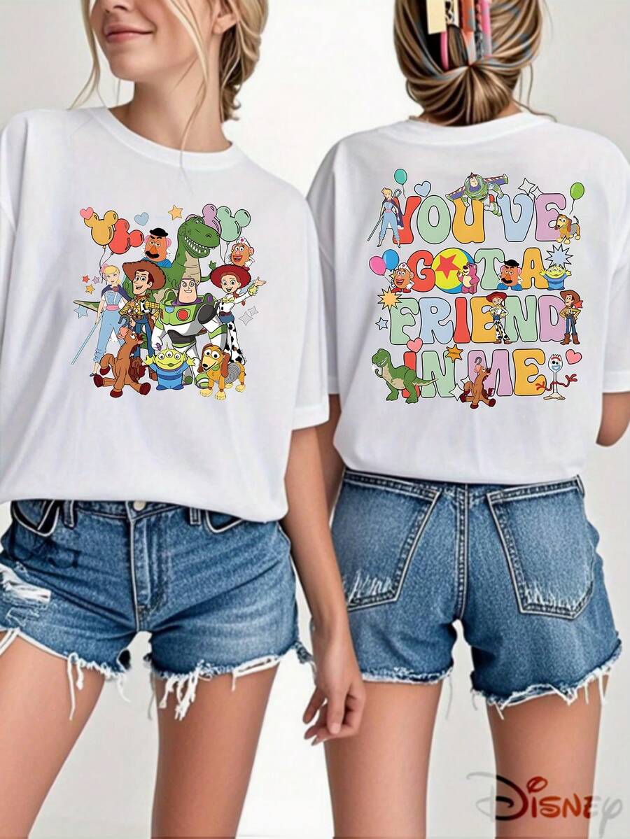 Toy Story Element Women's T-Shirt With Round Neck, Double Print Front And Back, With Painted, Versatile Classic Group Motif, Soft And Skin-Friendly, New Top For Spring And Summer, Recommended For Disney Fans, Slightly Elastic. - 白色 - 查看 1