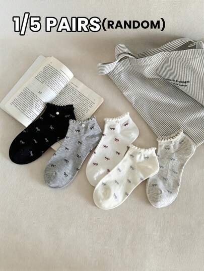 1/5 Pairs Women's Socks, Random Colorful Bow Design, Ruched Hem, Cute & Fashionable, Elegant & Minimalist, Soft & Comfortable, Breathable, Suitable For Daily Casual Wear