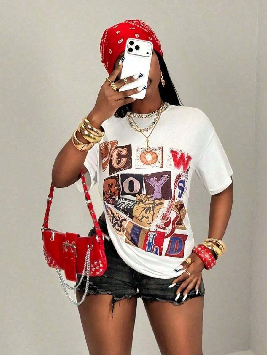 Colorful Western Graphic Print T-Shirt With "Stay Wild Cowboy" Letter Print, Crew Neck, Short Sleeve, Casual Style For Street, Sports, Music Festivals, Country Wear, For Women (Retro Style, Suitable For Teens, Women, Prom Dresses, Unisex) - 白色 - 查看 1