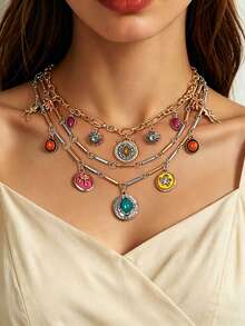 3pcs Colorful Resin Faux Gemstone Pendant Necklace Set, Bohemian Vintage Style Design, Suitable For Daily Commute And Holiday Party Occasions - Multicolor - View 1
