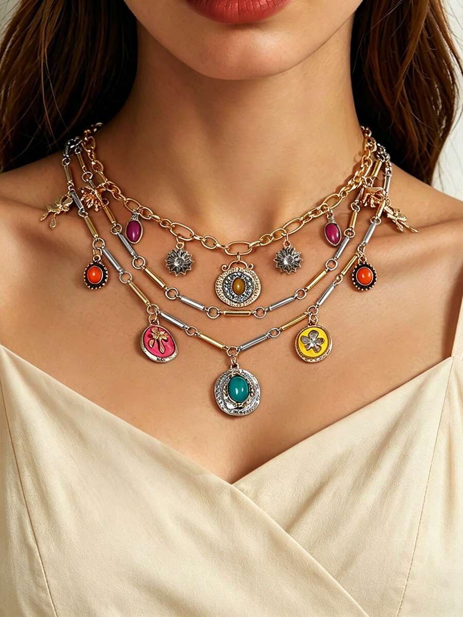 3pcs Colorful Resin Faux Gemstone Pendant Necklace Set, Bohemian Vintage Style Design, Suitable For Daily Commute And Holiday Party Occasions - Multicolor - View 1