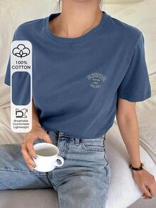 Camiseta De Manga Corta Con Estampado De Letras - Azul 2 - Ver 1