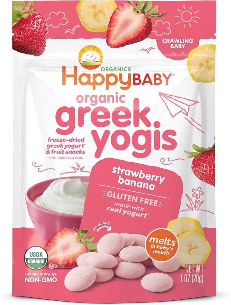 Happy Baby Organics Baby Snacks, Greek Yogis, Freeze Dried Yogurt &Amp; Fruit Snacks, Gluten Free Snack For Babies 9+ Months, Strawberry &Amp; Banana, 1 Ounce - 顏色A - 查看 1