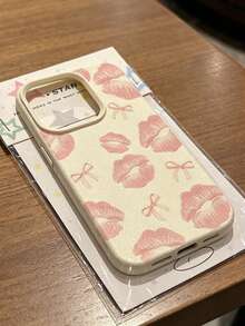 Luxury White & Pink Lip Print Bow Design Shock-Proof Full Coverage Phone Case, White Pebbled Texture TPU Protective Phone Case Compatible With IPhone 17, 17 Pro, 17 Pro Max, 16 Pro Max, 16, 15, 14, 13, 12, 11 And Series, Birthday Gift Spring Edition - Beige - View 2