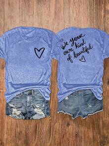 Camiseta de Cuello Redondo para Mujer con Estampado "Be Your Own Kind Of Beautiful" en la Parte Delantera y Trasera, Top Casual de Manga Corta para Mujer, Ropa Femenina - Azul - Ver 1