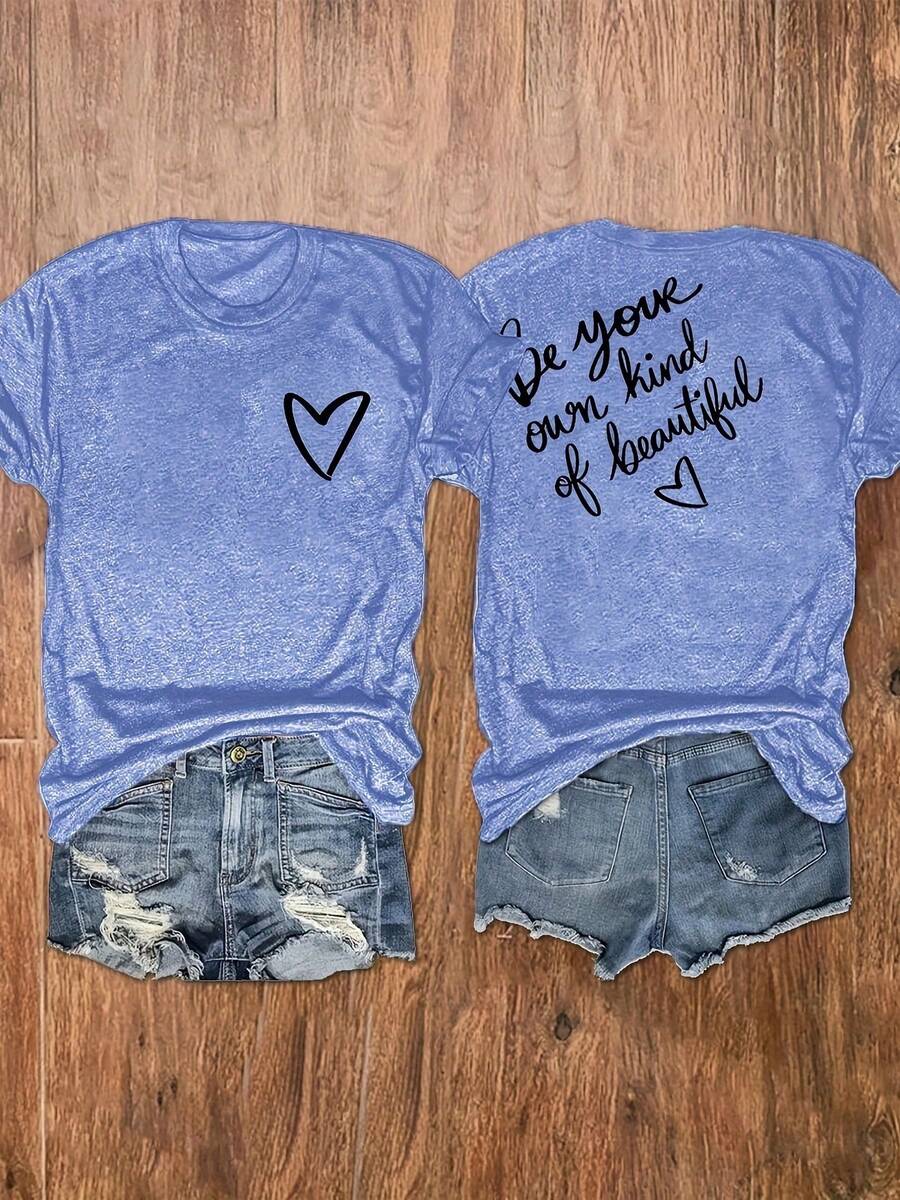 Camiseta de Cuello Redondo para Mujer con Estampado "Be Your Own Kind Of Beautiful" en la Parte Delantera y Trasera, Top Casual de Manga Corta para Mujer, Ropa Femenina - Azul - Ver 1