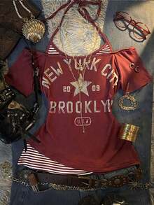 Camiseta de mujer  estilo retro de los años 2000, a rayas y con bloques de color, 2 en 1 con lazo frontal, estampada con "NEW YORK", estilo casual retro, adecuada para uso diario, festivales de música, fiestas, reuniones y ocasiones de regreso a clases. - Multicolor - Ver 1