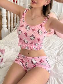 SANRIO Bộ đồ ngủ nữ 2 món màu hồng trắng kẻ sọc in hình gấu và trái tim, áo hai dây và quần short, bộ đồ ngủ dễ thương, đồ mặc nhà. - Màu Hồng baby - Xem 5
