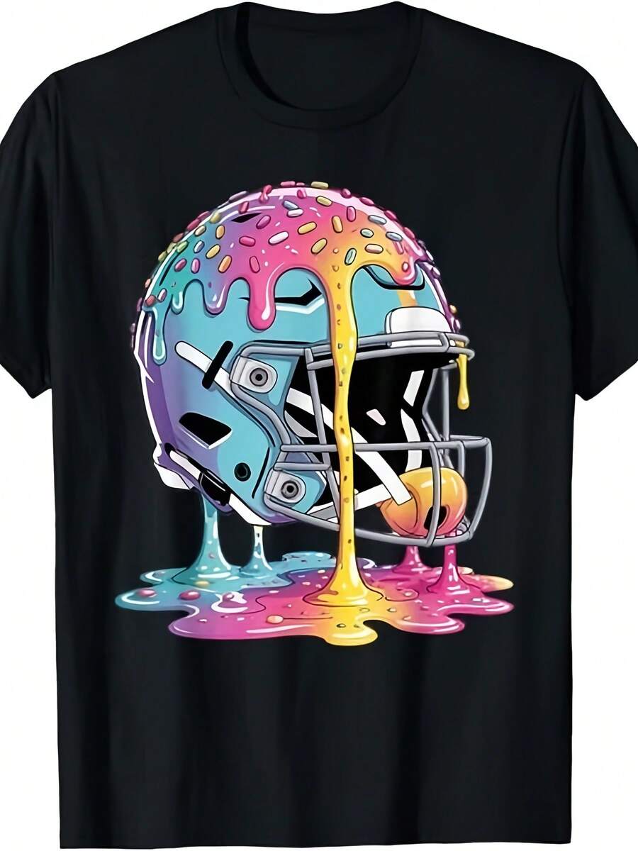 Men'S & Women'S Retro T-Shirt - Heavyweight 220gsm Pure Vintage Football Design with Dripping Ice Cream & Helmet Print - Uni Casual Sports Fan Apparel for Game Day & Casual Attire - QB RB Lineman WR Positions - All-Season Fit - 2025 Summe - Negro - Ver 1