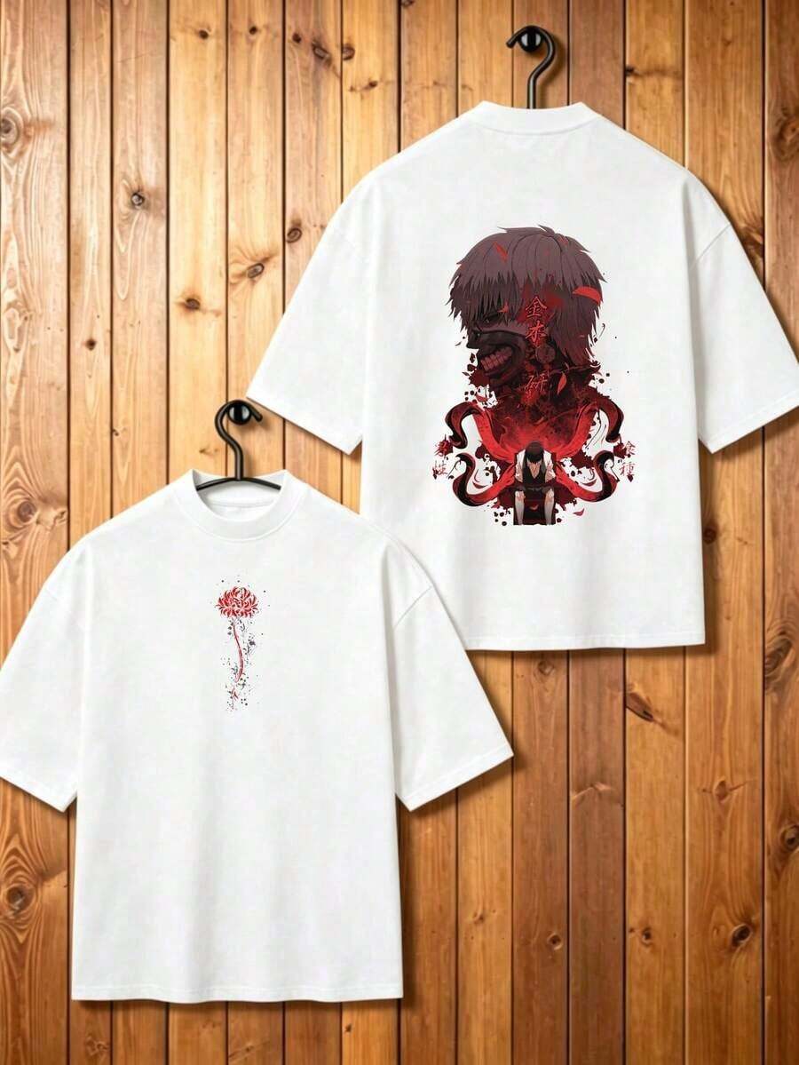 Men's Pure Cotton T-Shirt With An Artistic Anime-Style Print. Exclusive Design Featuring Floral Motifs And Dramatic Figures. Current Urban Fashion, A Modern And Bold Look, Ideal For Young People Seeking A Unique And Comfortable Style. - 白色 - 查看 1