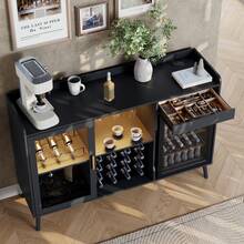 Coffee Bar Cabinet With Fridge Space, Black Wine Cabinet With Charge Station & Led Light, Liquor Cabinet With Wine Rack & Drawer, Sideboard Buffet Cabinets For Living Room, Dining Room (Black) - Black - View 6