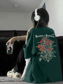 Camiseta de manga corta para mujer, diseño de verano, corte ajustado, estampado de dibujos animados, top básico.#3333 - Verde Oscuro - Ver 1