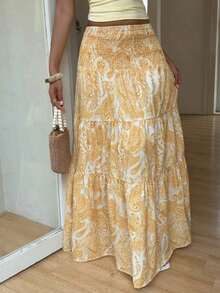 Women's Long Bohemian Print Skirt, Casual For Vacation And Everyday Wear, Spring/Summer - Yellow - View 1