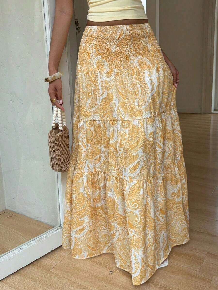 Women's Long Bohemian Print Skirt, Casual For Vacation And Everyday Wear, Spring/Summer - Yellow - View 1