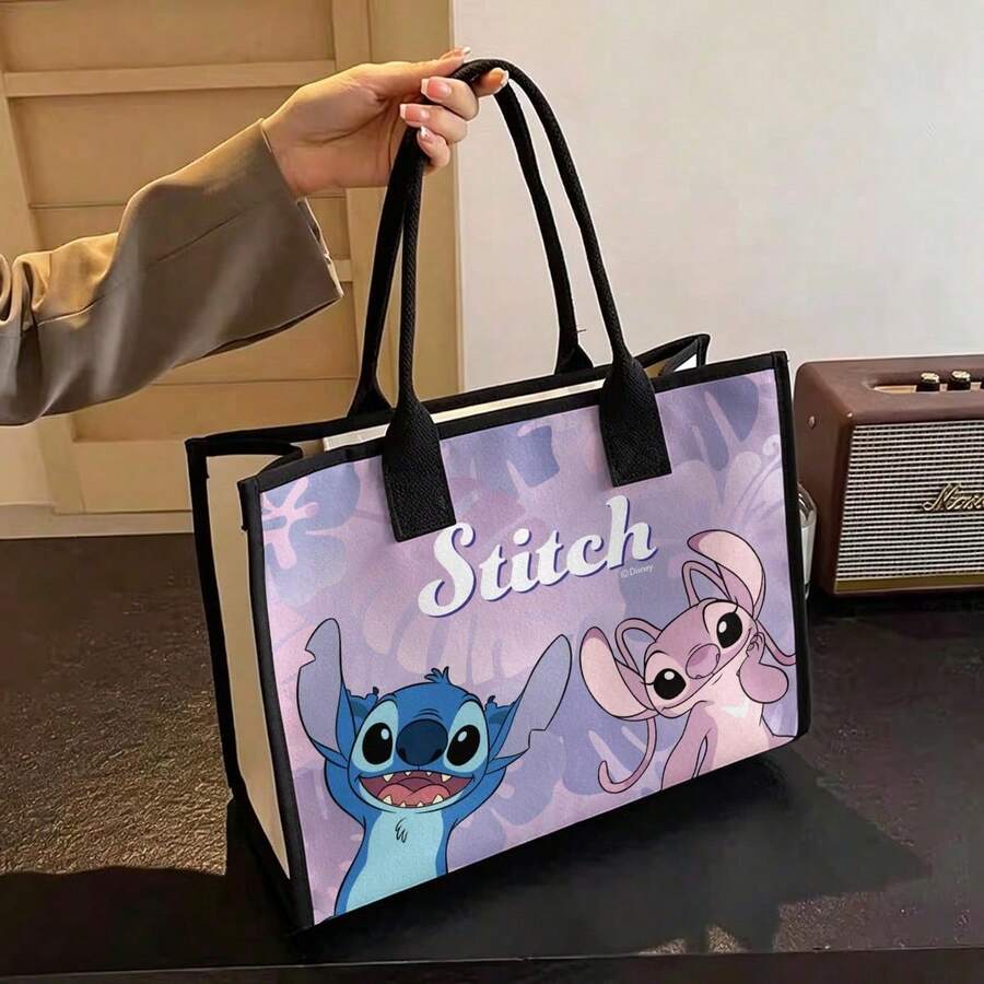 Miniso Disney Lilo & Stitch And Angel Canvas Tote Bag With Cute Print On Purple Background Pink Trim Large Capacity Reusable Shopping Handbag Versatile For Work School & Travel - Black - View 1