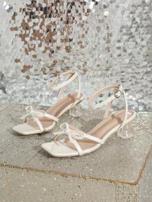 Women's High Heel Sandals, New Summer Transparent Low Heel Slippers, Fashion Fuchsia Square Toe Crystal Thick Heel One-Strap Slides - White - View 6