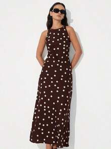 xheAveloria Modichic Vestido maxi elegante y sofisticado de estilo vintage francés para mujer, con diseño asimétrico, cuello redondo, sin mangas, de tela de acetato satinada con estampado de lunares y bloques de color, versátil y apropiado para el trabajoxhe - Café integral - Ver 4