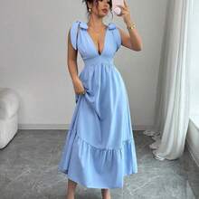 Vestido de cuello en V sin mangas con cintura ajustable con cordón, color azul, adecuado para primavera/verano - Rosa Fucsia - Ver 6
