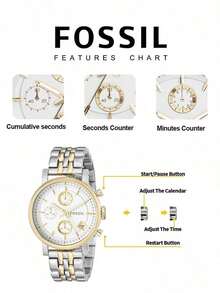 Fossil 金銀雙色不鏽鋼錶帶女款三眼碼錶石英腕錶，36mm圓形白色錶盤配金條刻度，日曆多功能時尚腕錶，優雅奢華配件，適合日常休閒、職場商務、購物、約會、晚宴派對、好友聚會及短途旅行，生日、母親節、情人節、聖誕節、結婚週年紀念的高端禮物，可送給女友、妻子、母親、好朋友，型號：ES3746 - 白色 - 查看 5