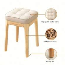 1pc Solid Wood Button Tufted Square Stool, Soft Padded Ottoman Stool, Modern Minimalist Vanity Chair, Multi-Functional Entryway Shoe Bench, Suitable For Living Room Bedroom Home Furniture - Beige - View 11
