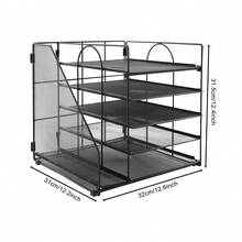 Black 5-Tier SPCC Metal Desk File Organizer, Plastic Spraying Mesh Design Tabletop Document Storage Rack With Side File Compartment Anti-Slip Pad, Lightweight Easy Assembly Paper Magazine Stationery Holder For Office Home Study Classroom - A - View 7