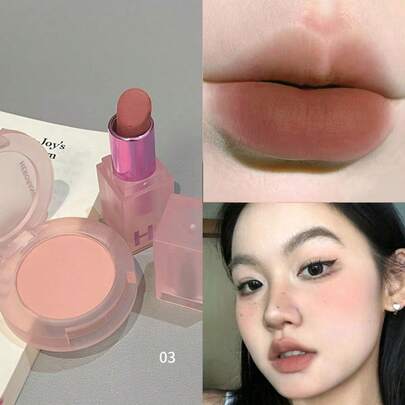 Bộ son lì và phấn má HERORANGE Velvet Matte, son môi mềm mịn dưỡng ẩm, phấn má cùng tông màu cho vẻ ngoài rạng rỡ tự nhiên, bộ đôi tiện dụng cho sử dụng hàng ngày, hẹn hò và du lịch.
