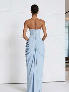Long, Fitted Dress With Straps And Long Sleeves In A Sensual Style - Blue - View 3