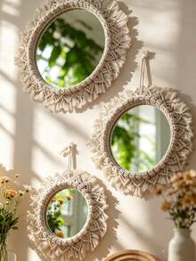 1/3pcs Round Tassel Fringe Mirror, Bohemian Sunrise Style Wall Decor, Decorative Hanging Mirror For Living Room Bedroom, Boho Minimalist Farmhouse Home Decor, Vintage Aesthetic, Suitable For Bohemian And Farmhouse Style Rooms, Suitable For Dorm, Entryway, Living Room Bedroom Wall Decor, Suitable For Cozy Farmhouse Or Natural Style Interior, Unique Home Wall Mirror Decor, Vintage And Modern Aesthetic Design - Multicolor - View 8