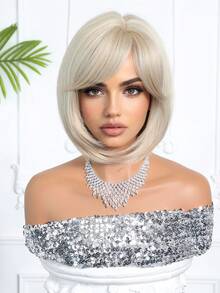10 Inch Short Straight Bob Wig, Golden Color Highlights With Dark Roots, Suitable For Daily Makeup And Parties, High-Temperature Fiber Synthetic Hair - Blonde Ombre - View 2