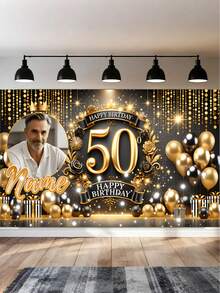 Personalized Birthday Celebration Backdrop, Customized Black Theme Birthday Poster With Photo, Inkjet Printed Vinyl Material Party Banner, Wall Decor Welcome Sign - Multicolor - View 3