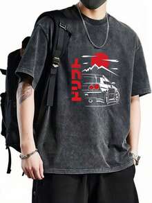 Men's Vintage Washed Cotton T-Shirt - 230g Heavyweight, Car Graphic, Oversized Style, Short Sleeve Crew Neck, All Year Round Casual Wear (Machine Washable), SIZE - 黑色 - 查看 7