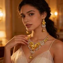 Ensemble de bijoux de luxe et élégant pour femmes, incrusté de pierres précieuses artificielles, convenant pour les mariées, les mariages, les banquets et les fêtes - ensemble de bijoux - Voir 8