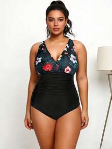 Traje de baño de una pieza con estampado floral de hibisco tropical, talla grande, cuello en V, control de abdomen, de una pieza, playa, piscina. - Negro - Ver 4