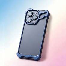 1pc Opposite Gender Skeleton Hollow Metallic Creative Phone Case, Frameless Half-Covered Protective Cover For IPhone 17 - Blue - View 5