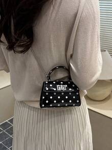 Mini sac à main et sac à bandoulière à rabat verrouillable de style mode minimaliste à motif pois, sac fourre-tout avec imprimé à pois et motif de rouge à lèvres de style français, mini sac de ville, de soirée, polyvalent - Noir - Voir 6