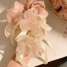 1pc Vintage French Style Soft Pink Floral Ribbon Scrunchie, Shiny Satin Floral Hair Tie, Artistic Floral Hair Accessory, Suitable For Beach Outfit, Fabric Large Scrunchie - Multicolor - View 1