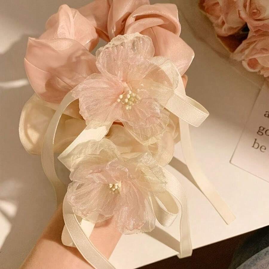 1pc Vintage French Style Soft Pink Floral Ribbon Scrunchie, Shiny Satin Floral Hair Tie, Artistic Floral Hair Accessory, Suitable For Beach Outfit, Fabric Large Scrunchie - Multicolor - View 1
